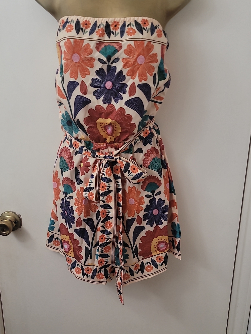 Strapless Floral Print Dress in Cream with Multicolor Blooms